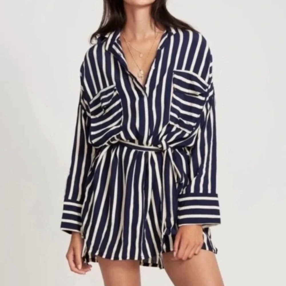 Faithfull navy and cream striped shirt dress with belt. Size 4